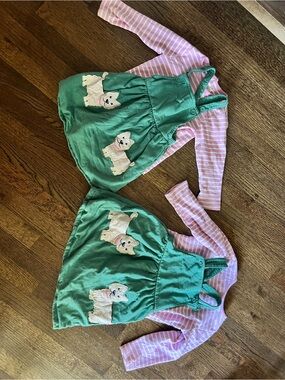 JoJo Maman Bebe Green Pinafore and Pink Striped Top Matching Sets